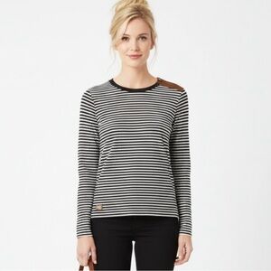 Lauren Ralph Lauren Black & White Striped Leather Elbow Patch Long Sleeve Tee M